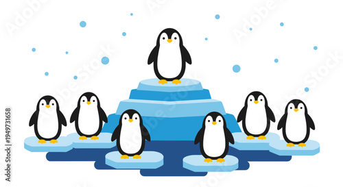 Leader penguin stands tall on icy pedestal surrounded by smaller penguins in a cute whimsical flat illustration