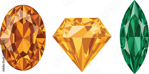 Luxury Gemstone Vector Set Featuring Faceted Amber Oval Diamond, Yellow Topaz Brilliant Cut, and Green Emerald Marquise Jewel for Jewelry Design and Fashion Branding