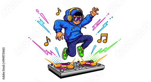 Energetic young dj with headphones and goggles jumping mid air over turntables surrounded by colorful sound waves