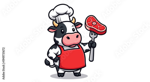 Cartoon cow chef character holding raw steak on fork wearing apron and chef hat whimsical food service mascot