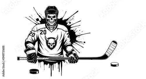 Intimidating skeleton hockey player in jersey with skull logo holding stick and puck aggressive sport concept grunge