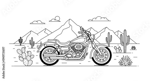 Classic motorcycle parked in a desert landscape with mountains and cacti under a cloudy sky line art illustration style