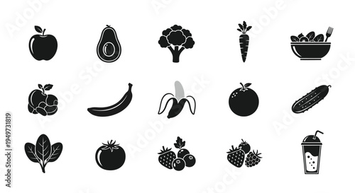Collection of fresh fruit and vegetable icons in black silhouette on white background for healthy eating and nutrition concepts