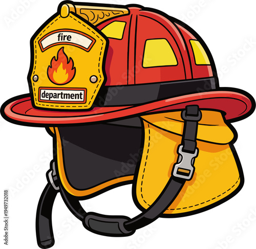 Cartoon Red Firefighter Helmet with Yellow Flame Shield Badge Fire Department – Safety Gear Vector