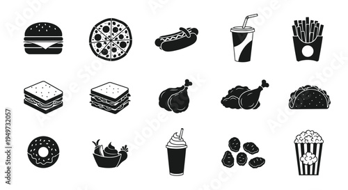 Collection of fast food icons including burgers pizza fries sandwiches and drinks on white background