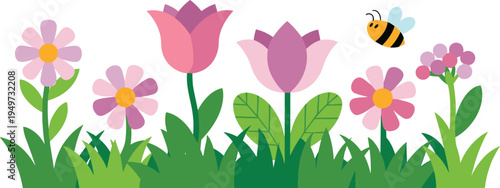 Cute spring garden flowers with green grass and flying bee colorful botanical vector illustration for nature background decoration