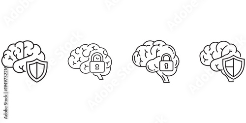 Brain Security and Data Protection Icons - Cybersecurity Concepts