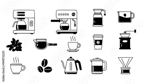Coffee maker icons pack espresso machine grinder beans vector set