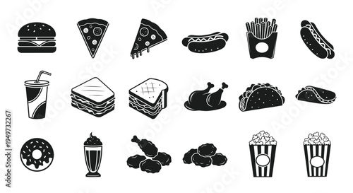 Variety of fast food and snack icons including burgers pizza sandwiches fries and desserts on white background