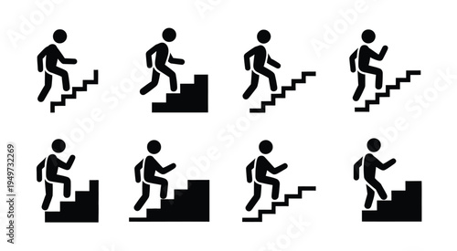 That journey of ranks, black and white stick figures climbing stairs in a row showing progress, discipline, patience, and the steady rise toward higher levels of achievement.