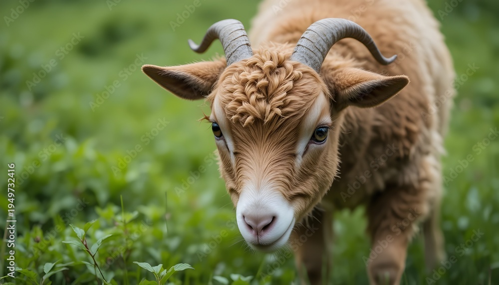 Fototapeta premium Fluffy brown Qurbani goat grazing in green pasture.