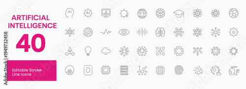 Extensive set of 40 editable stroke line icons representing artificial intelligence, data processing, and future technology concepts.