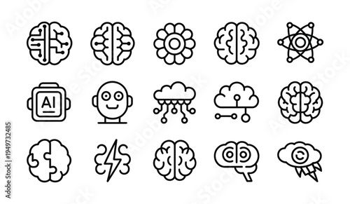 Collection of 15 detailed line icons illustrating artificial intelligence, brain function, and advanced technology concepts.