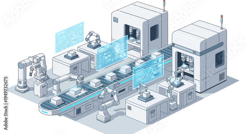 Industrial robotic assembly line manufacturing process.