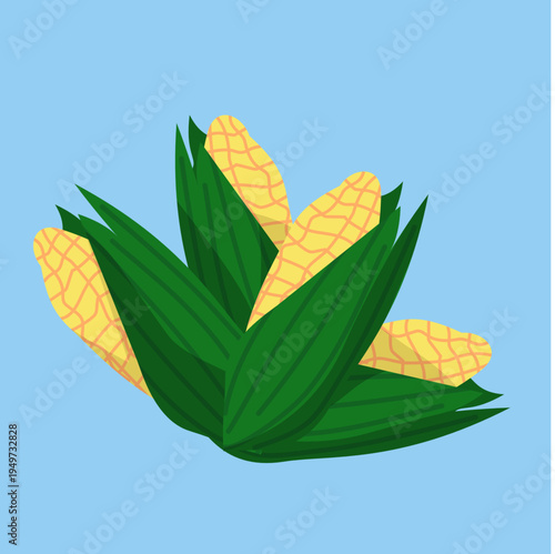 Flat Illustration of a Pile of Fresh Yellow Corn on the Cob with Green Husks