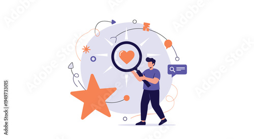 Professional man looking through a magnifying glass at a heart icon representing search for love or customer loyalty and passion.