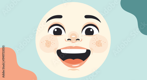 Close up portrait of a happy cartoon face with large eyes and a wide smile featuring freckles on a blue and pink abstract background.