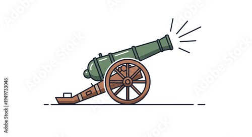Historical military cannon in green and brown colors shown firing with impact lines against a clean white background in cartoon style.