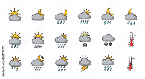 Comprehensive set of colorful weather icons showing sun clouds rain snow lightning and temperature readings on medical thermometers.