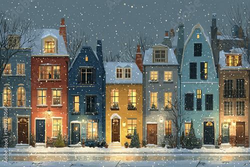 Winter street with colorful European style houses covered in snow during snowfall, warm glowing windows create cozy and festive atmosphere in evening