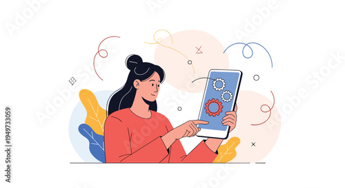 Young woman character using a digital tablet with gear icons on the screen representing settings maintenance or application update.