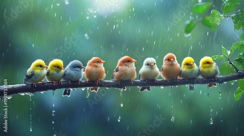 Panoramic summer garden scene with small playful birds and chicks perched on branches in gentle rain