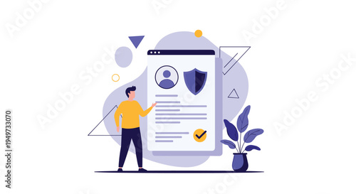 Man standing next to a large digital profile document with a security shield and a checkmark on a purple abstract background.