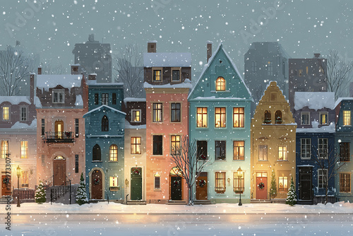 Winter street with colorful European houses covered in snow, warm glowing windows, and festive Christmas decorations creating cozy holiday atmosphere during snowfall