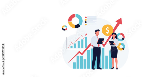 Business colleagues collaborating on financial reports and market growth analysis with colorful charts and arrows in the background.