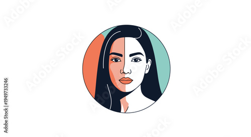 Stylized circular portrait of a woman with long dark hair and artistic split lighting effects in a modern graphic illustration style.