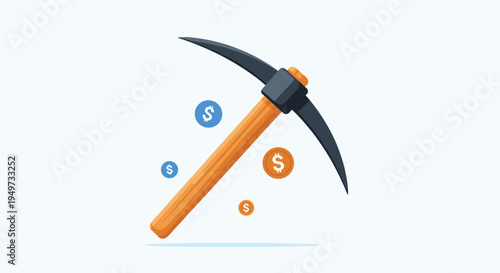 Illustration of a classic wooden pickaxe for mining with floating golden and blue dollar coins on a soft blue background in flat style.