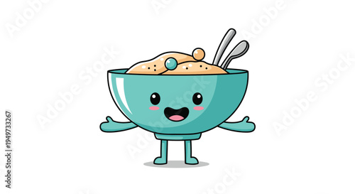 Adorable cartoon character of a blue bowl filled with breakfast cereal and a spoon having a happy face and welcoming open arms.