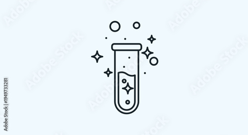 Single laboratory test tube icon with bubbling blue liquid and glowing sparkles on a light blue background in a simple line art style.