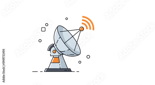 Grey satellite dish antenna with orange signal waves transmitting data into space representing global communications and technology.