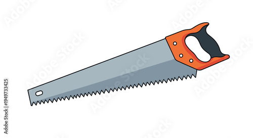 Manual hand saw tool with a grey steel blade and an orange and black handle isolated on a white background for carpentry and woodworking.