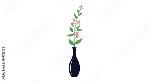Elegant thin black vase holding a delicate flowering branch with small pink blossoms and green leaves on a clean white background.