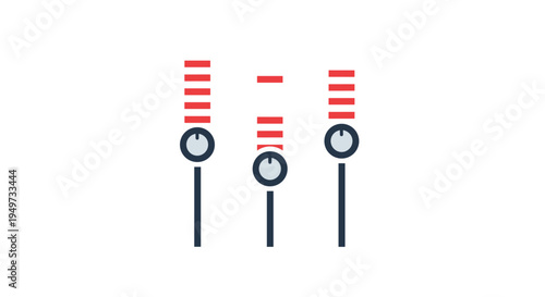 Audio equalizer or mixer sliders with red level indicators representing sound control, volume adjustment, and music production on white.