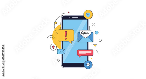 Modern smartphone surrounded by various notification icons like mail, alerts, and messages representing mobile communication and connectivity.