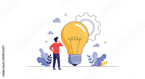 Man standing and looking at a giant glowing light bulb with a gear and plant leaves symbolizing a big idea and creative problem solving.