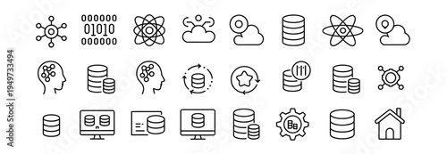 Editable stroke line icons for big data, cloud computing, database management, and digital information.