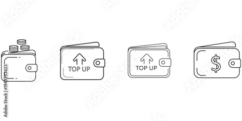 Set of wallet icons with coins and top-up feature for financial and payment services