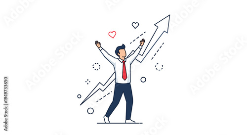 Businessman celebrating success with arms raised in front of a rising growth arrow and red heart icons on a white background.