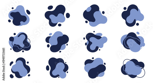 Collection of twelve abstract blue fluid blob shapes in various sizes and overlapping styles for modern graphic design backgrounds.