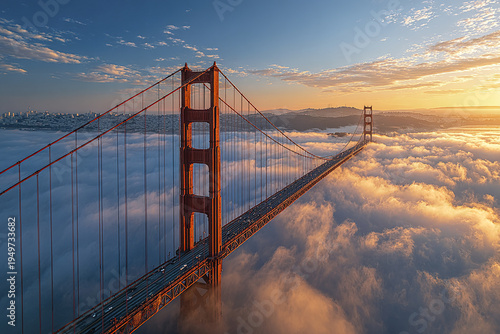 Golden Gate Bridge aerial fog panorama with dramatic cloud and sunrise light creating stunning view over bay and city skyline in background
