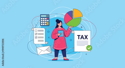 Woman managing finances with a calculator, tax forms, and a pie chart representing tax season, accounting, and financial planning.