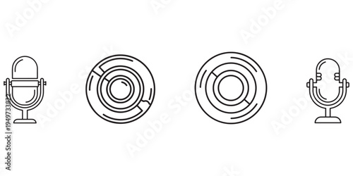Line art icons of microphones and circular maze-like diagrams