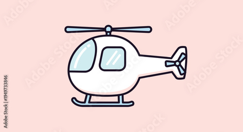 Cute cartoon-style illustration of a white helicopter with blue windows flying on a light pink background for travel and aviation.