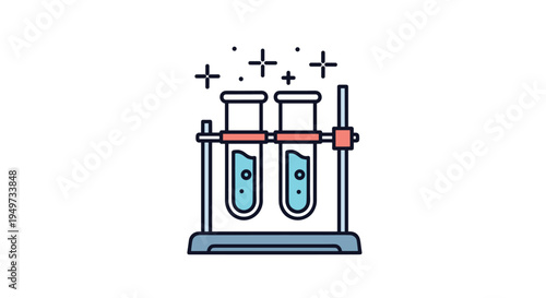Scientific laboratory test tubes on a rack with blue liquid and sparkles representing discovery, research, and chemistry experiments.