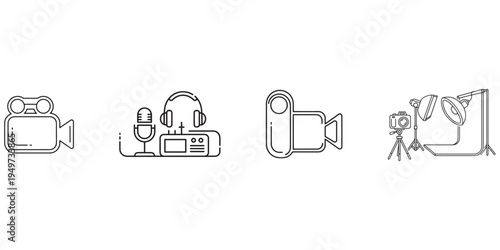 Collection of icons representing film production, audio recording, and photography equipment