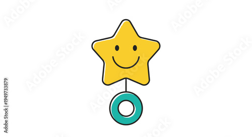 Adorable star-shaped baby rattle toy with a smiling face and a green ring handle on a clean white background for nursery themes.